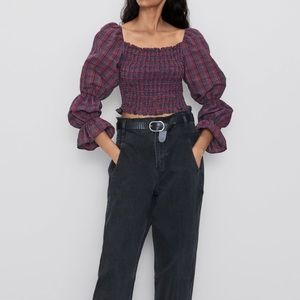 Zara Plaid Cropped Puff Sleeve Blouse